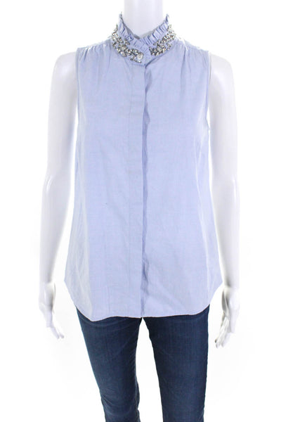 J Crew Women's Ruffle Neck Embellish Sleeveless Button Down Blouse Blue Size 2