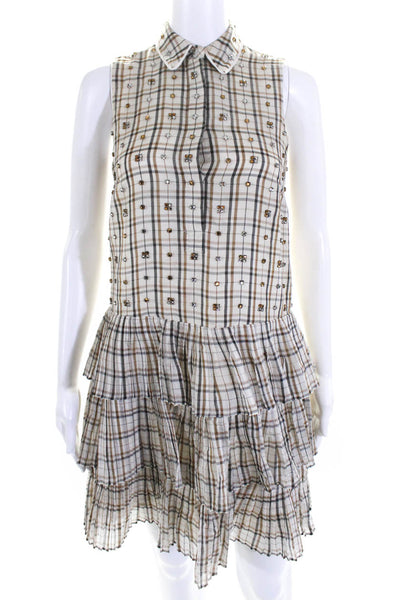 J Crew Women's Sleeveless Rhinestone Ruffle Tiered Mini Plaid Dress Size 00