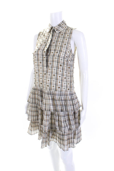 J Crew Women's Sleeveless Rhinestone Ruffle Tiered Mini Plaid Dress Size 00