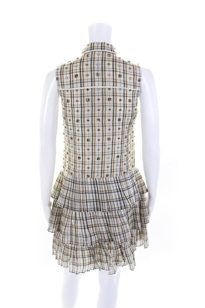 J Crew Women's Sleeveless Rhinestone Ruffle Tiered Mini Plaid Dress Size 00