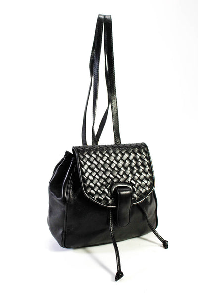 Bottega Veneta Womens Intrecciato Flap Drawstring Mini Backpack Handbag Black