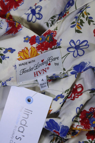 HVN Womens Side Zip Sleeveless V Neck Silk Floral Dress White Multi Size 4