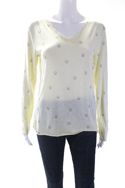 Free For Humanity Womens Skull Print V Neck Sweater Yellow Silver Size 8