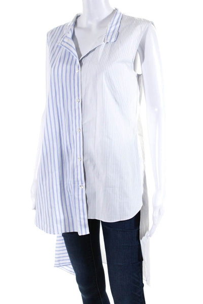 Monse Womens Stripe Sleeveless Button Up High Low Shirt Blouse Blue White Size 8