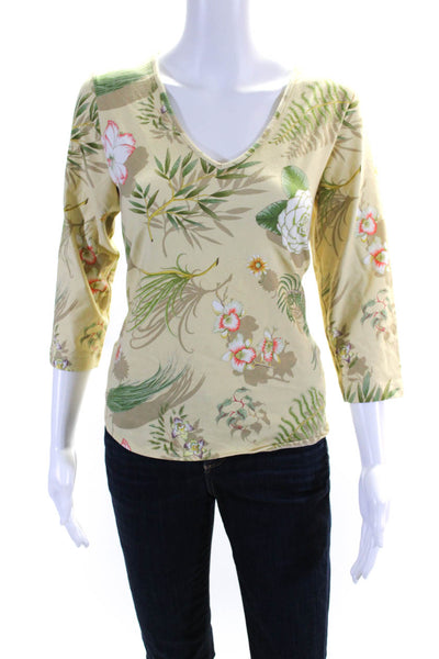 Leggiadro Womens 3/4 Sleeve V Neck Floral Shirt Beige Multi Size 3