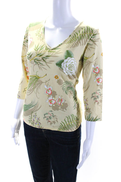 Leggiadro Womens 3/4 Sleeve V Neck Floral Shirt Beige Multi Size 3