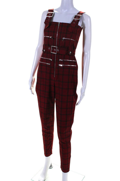 We Wore What Women's Square Neck Belted Half Zip Red Plaid Jumpsuit Size S