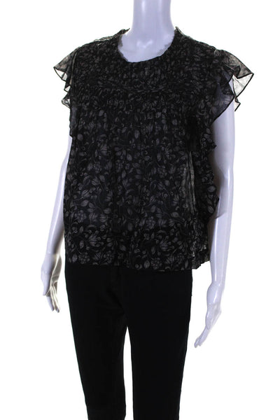 Isabel Marant Etoile Women's Cotton Floral Pleated Ruffle Blouse Black Size 36