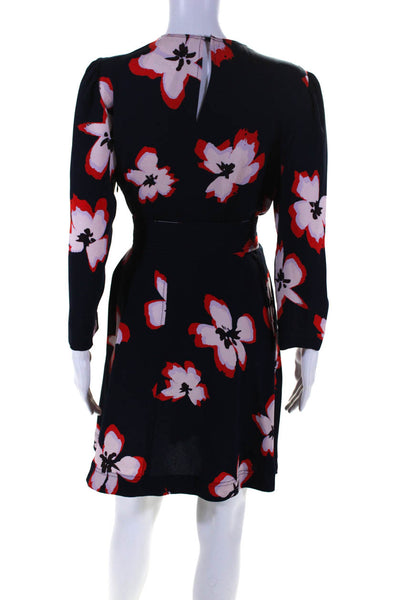 ALC Women's Silk Long Sleeve Floral Print Belted A-line Dress Navy Size 8
