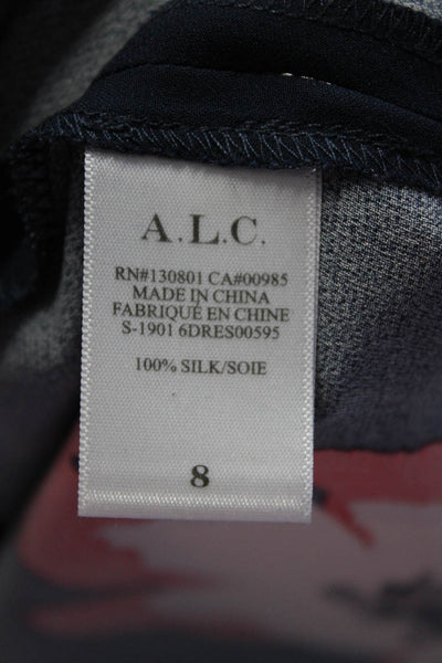 ALC Women's Silk Long Sleeve Floral Print Belted A-line Dress Navy Size 8
