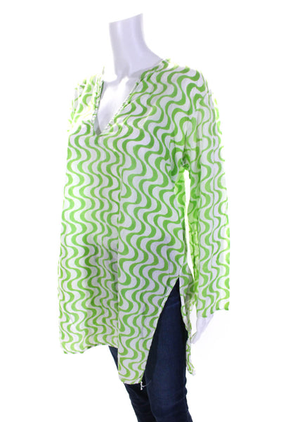 Roberta Roller Rabbit Womens Wavy Stripe Y Neck Tunic Blouse Green White Size XL