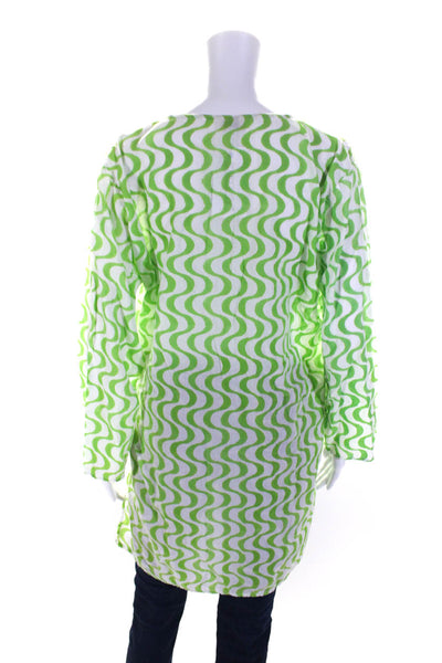 Roberta Roller Rabbit Womens Wavy Stripe Y Neck Tunic Blouse Green White Size XL