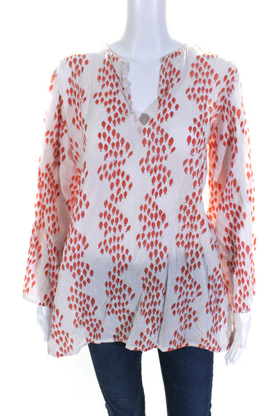 Roberta Roller Rabbit Womens Fish Print Y Neck Tunic Blouse Orange White Size 16