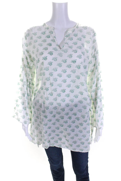 Roberta Roller Rabbit Womens Snail Print Y Neck Tunic Top Green White Size 16