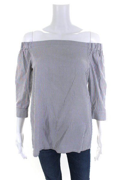 Theory Womens Off Shoulder Short Sleeve Striped Shirt White Gray Size Petite