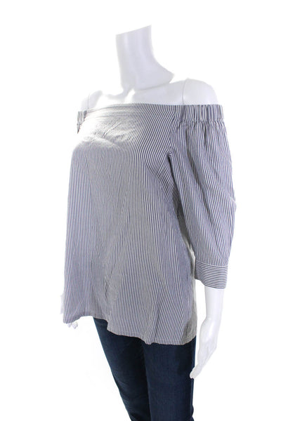 Theory Womens Off Shoulder Short Sleeve Striped Shirt White Gray Size Petite