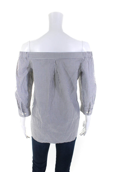 Theory Womens Off Shoulder Short Sleeve Striped Shirt White Gray Size Petite