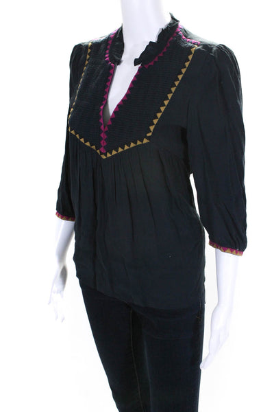 Ba&Sh Womens Long Sleeve Embroidered V-Neck Tunic Blouse Top Navy Blue Size 0