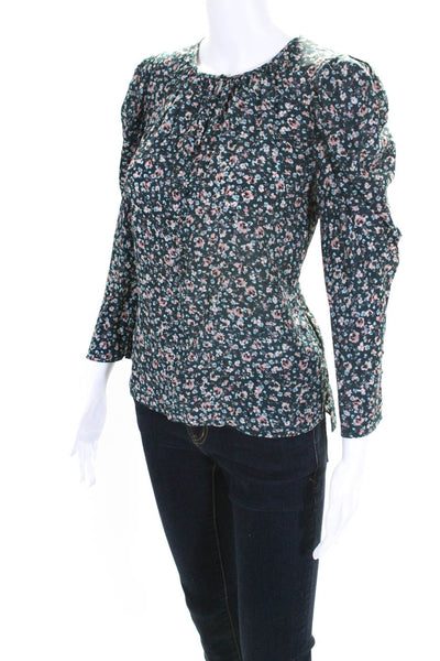 Shoshanna Womens Floral Print Split Hem Long Sleeve Blouse Forrest Green Size S