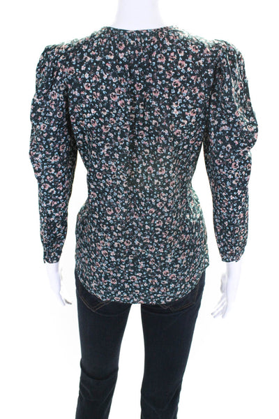 Shoshanna Womens Floral Print Split Hem Long Sleeve Blouse Forrest Green Size S