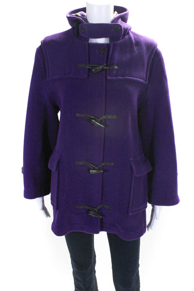 Aquascutum Womens Wool Toggle Button Hooded Short Pea Coat Dark Purple Size L