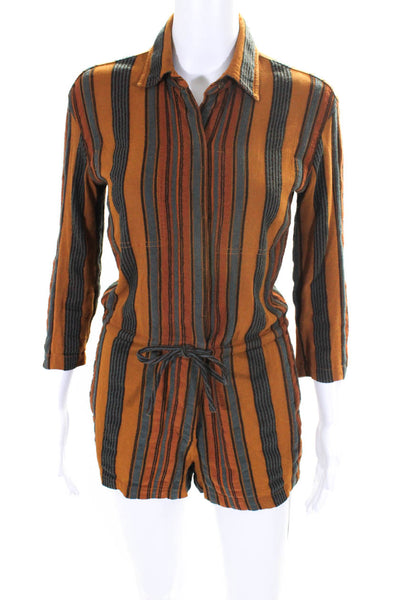 James Perse Womens Striped Button Down Long Sleeves Romper Orange Grey Size 0