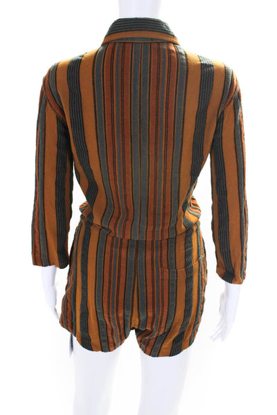 James Perse Womens Striped Button Down Long Sleeves Romper Orange Grey Size 0