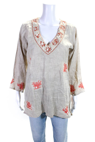 Barbara Gerwit Women's Linen Long Sleeve Beaded Embroidered Tunic Beige Size S