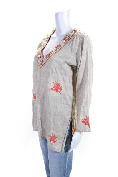 Barbara Gerwit Women's Linen Long Sleeve Beaded Embroidered Tunic Beige Size S