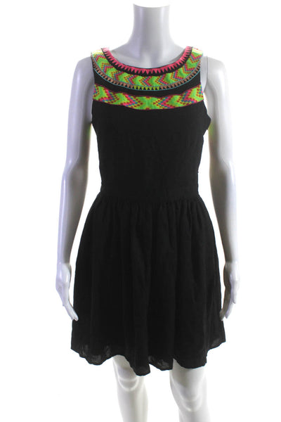 Mara Hoffman Womens Black Printed Embroidered Scoop Neck Shift Dress Size 4