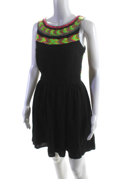 Mara Hoffman Womens Black Printed Embroidered Scoop Neck Shift Dress Size 4