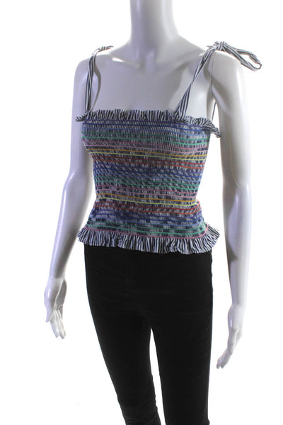 Petersyn Womens Cotton Smocked Sleeveless Striped Blouse Top Blue Size XS