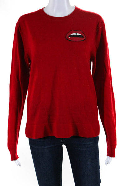 Markus Lupfer Womens Sequin Lips Patch Crew Neck Sweater Red Wool Size Large