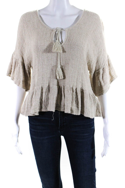 Maven West Womens Linen Tied Keyhole Ruffled Short Sleeve Blouse Beige Size S