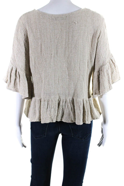 Maven West Womens Linen Tied Keyhole Ruffled Short Sleeve Blouse Beige Size S