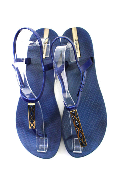 Ipanema Womens Metal Detail Flat Jelly Rubber T Strap Sandals Navy Blue Size 10