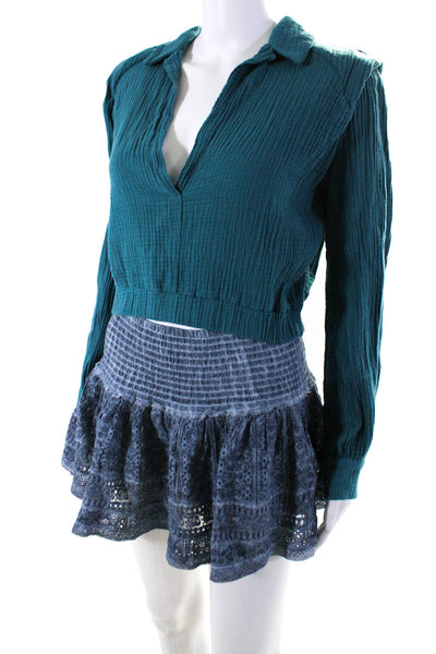 Jane Wood Cindigindi Women's Cotton Long Sleeve V-Neck Blouse Teal Size M, Lot 2
