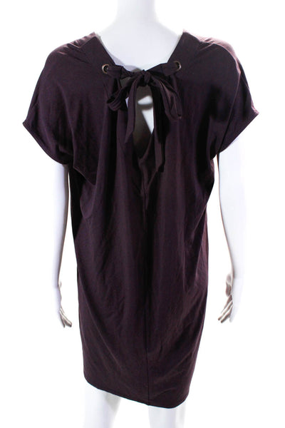 Lilla P Womens Jersey Knit V-Neck Tie Back Short Sleeve Shift Dress Plum Size M