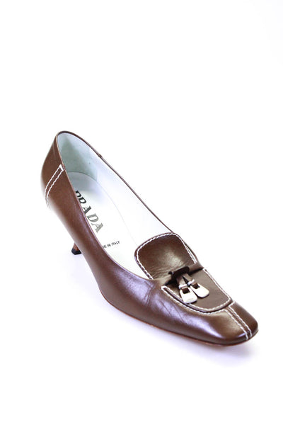 Prada Women's Square Toe Embellish Kitten Heels Leather Work Shoe Brown Size 8