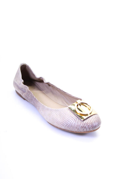 Delman Women's Round Toe Gold Embellish Slip-On Ballet Flat Shoe Beige Size 8.5