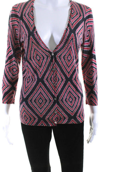 Tory Burch Womens Merino Wool Diamond Print Sweater Cardigan Multicolor Size M