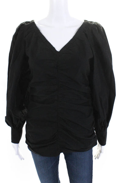 Ganni Womens Black Cotton Ruched V-Neck Long Sleeve Blouse Top Size 36