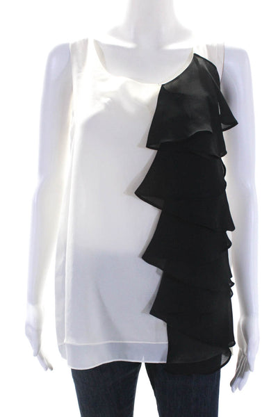 AKA New York Womens Scoop Neck Ruffled Silk Top White Black Size Medium