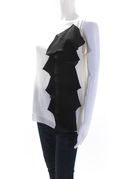 AKA New York Womens Scoop Neck Ruffled Silk Top White Black Size Medium