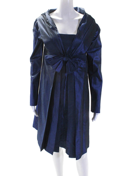 Takada Womens Blue Silk Bow Front Square Neck Long Sleeve Shift Dress Size M