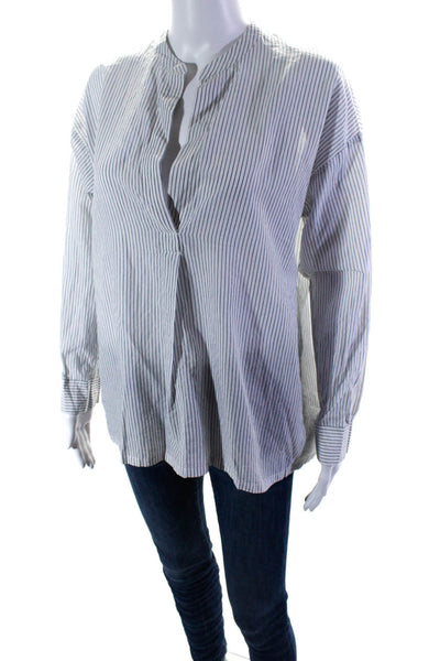 Vince Womens Long Sleeve Collared V Neck Striped Shirt White Gray Cotton Small