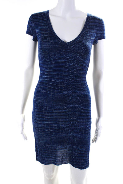 BCBGMAXAZRIA Womens Short Sleeve V Neck Croc Print Dress Blue Size Extra Small