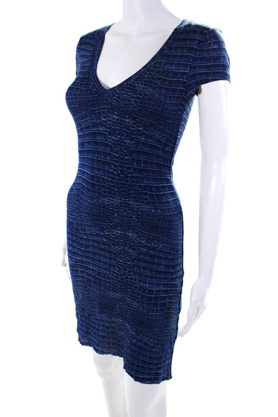 BCBGMAXAZRIA Womens Short Sleeve V Neck Croc Print Dress Blue Size Extra Small