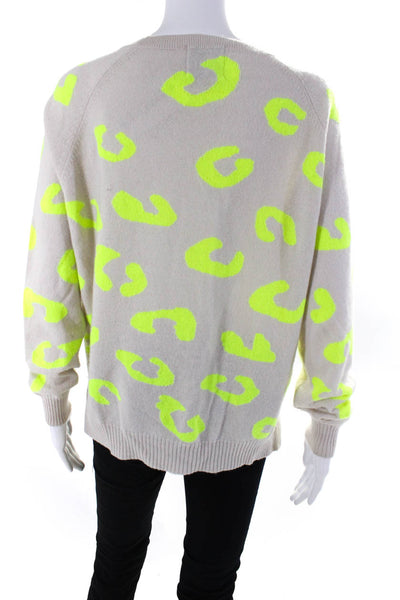 Jumper Womens Pullover Crew Neck Leopard Cashmere Sweater Beige Yellow Size 2