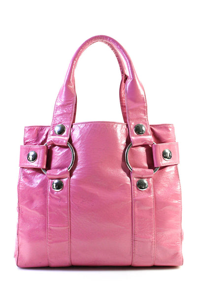 Kooba Womens Leather Silver Tone Ring Zip Up Pink Tote Bag Large Handbag